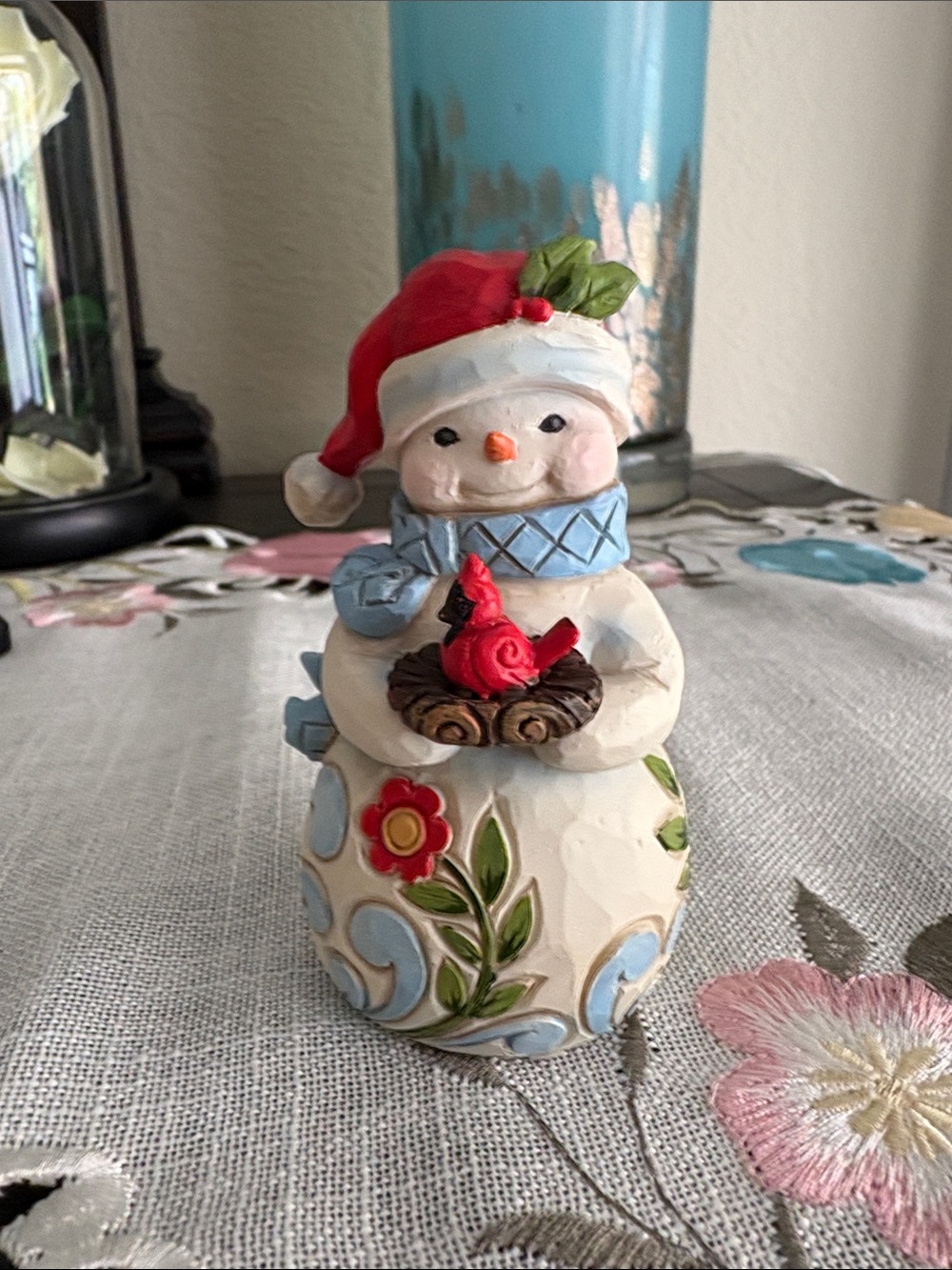Jim Shore Red & Blue Hand-Painted Snowman with Cardinal